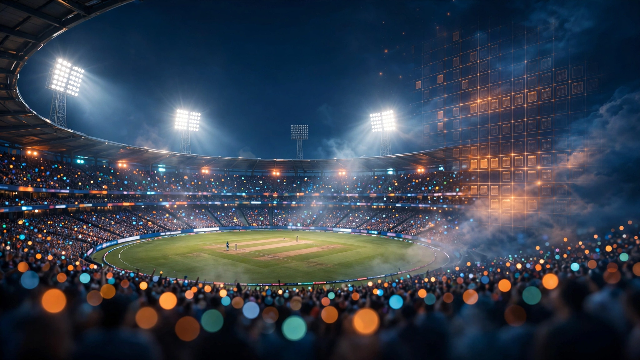 IPL 2027 schedule — a packed cricket stadium under floodlights with the season calendar glowing in the sky